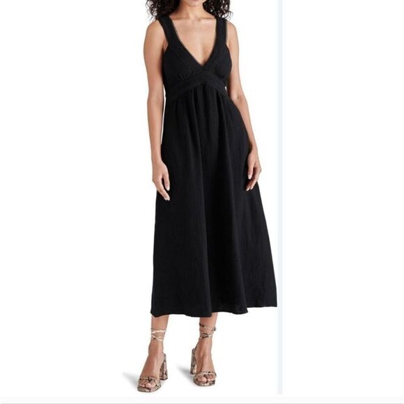 NWT Steve Madden Cotton Midi Dress Sleeveless V Neck Black Size S - Picture 1 of 7